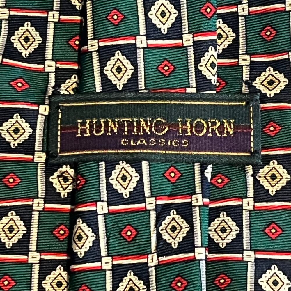 Vintage HUNTING HORN Green Navy Red Medallion Print Silk Men's Tie 63" x 3.75"